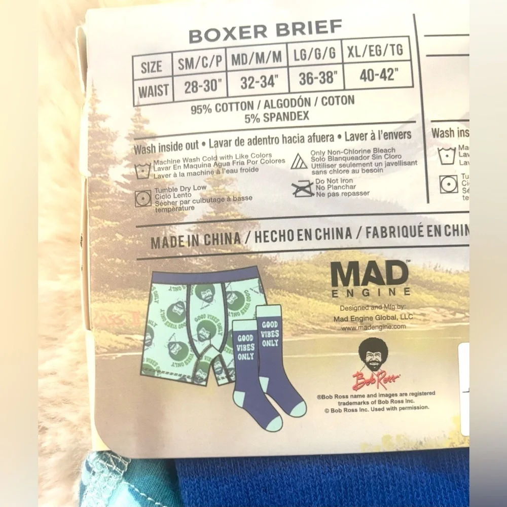 Bob Ross | “Good Vibes Only” Blue Retro Boxer Brief & Crew Sock Set NWT | Large